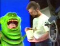 Robin Navlyt in Slimer suit prepped by ILM crew, seen on Entertainment Tonight in 1989 (Credit: Alex Newborn)
