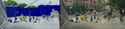 Blue screen vs. final version of Ray, Phoebe, and Podcast arriving at library. (Credit: Sony Pictures Imageworks)