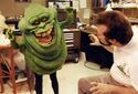Robin Shelby trying out Slimer in ILM Creature Shop the first day it was put together (credit: Tim Lawrence)