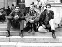 Ivan Reitman, Bill Murray, and Dan Aykroyd on steps (Credit: New York Public Library)
