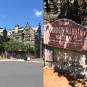 Boston University's The Castle left, dressed as Aldridge Mansion Museum in mid-August 2015