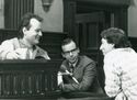 Bill Murray, Rick Moranis, and Ivan Reitman prep for Peter on the stand scene, seen in Ghostbusters II Press Kit (Credit: Spook Central)