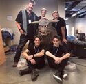 Richard Landon, Bill Sturgeon, Geoff Redknap, Rob Bionion, Arjen Tuiten pose with Vinz Clortho in hall (Credit: Geoffrey Redknap)