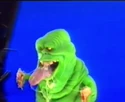 Robin Navlyt in Slimer suit filming scene, seen on Entertainment Tonight in 1989 (Credit: Alex Newborn)
