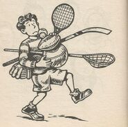 Alex carrying various sporting equipment.