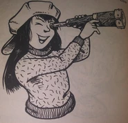 Tina looking through a telescope at ships in the distance.