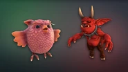 A render of a owl and a demon.