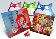 Some merchandise. It include a figurine, two posters and three owl pillows.