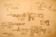 MAC-10, M79 grenade launcher, M60 machine gun, Remington M870 shotgun, Colt M1911A, Fairbairn–Sykes fighting knife, and Heckler & Koch PSG1