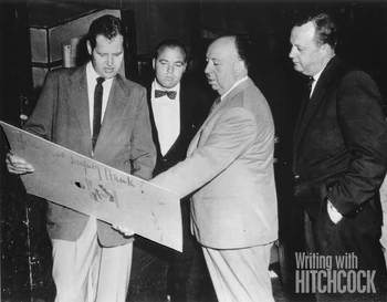 Henry Bumstead, Doc Erickson, Hitchcock and Herbert Coleman during production of "The Man Who Knew Too Much"