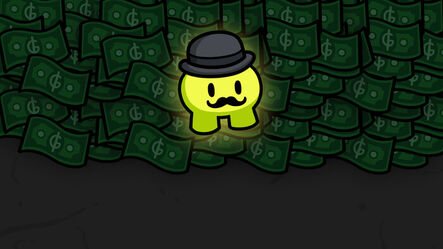 The Cash Tycoon banner, showing Stache in front of a lot of Cash.
