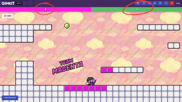 In this Example, Team Magenta has painted 9 tiles, and Team Green has painted 1
