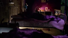 Vlcsnap-2025-09-26-13h40m36s025.png (1.9 MB) Ginger's side of the room, with a desk on the wall and an old-style tv with knobs. Note the passage to the bathroom on the right