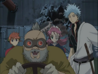 Gintoki, Kagura and Tama in Gengai's tank in Episode 71