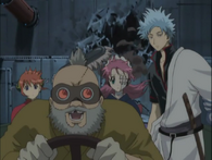 Gintoki, Kagura and Tama in Gengai driving his tank in Episode 71