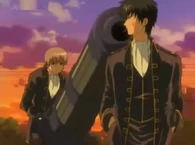 Sougo points the canon at Hijikata when he gave the order to fire at Mamushi's laser beam canon in Episode 32