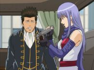 Kondou looking at Sarutobi while she is holding Matsudaira's gun Episode 28