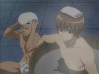 Kondou washing his hair and Sougo in a Barrel in Episode 98