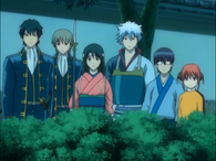 Hijikata, Sougo, Otae, Gintoki, Shinpachi and Kagura on a stakeout to catch a Underwear Thief in Episode 18