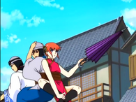 Kagura protecting Gintoki and Shinpachi in Episode 4