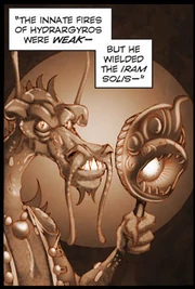 Hydrargyros (a dragon) holding the Iram Solis (a device for boosting a dragon's flame that looks something link a bubble wand turned into a stylized, menacing face).