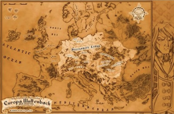 A map that depicts the version of the European continent in the Girl Genius universe, known as Europa, to illustrate the similarities and differences between Europe in the real world and Europa. See the article for a description. A portrait of Baron Klaus Wulfenbach, the tyrant of a good part of Europa, is shown to the right of the map. The entire map and the portrait are depicted in sepia tones.