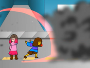 Frisk protecting Betty with their shield