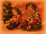 June and (beaten) Junpei sitting on a hill.