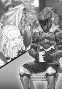 Volume 8: Dwarf Shaman and Lizard Priest talk with Goblin Slayer in The Golden Knight in the capital