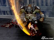 Kratos attacking a Cyclops Enforcer.