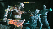 Kratos about to kill a Hel-Reaver Lord.