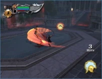 Kratos fights in the temple's courtyard.