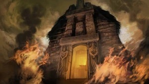 Arte conceptual del Templo de Atenea en llamas.