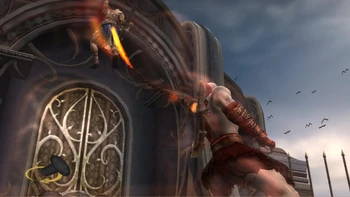 Kratos atrapando a Teseo con una de sus espadas.