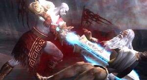 Zeus being stabbed by the Blade of Olympus