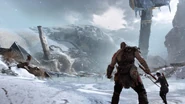 Kratos e Atreus encaram um Jotunn caído