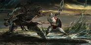Arte conceptual de Kratos batallando contra dicho monstruo.