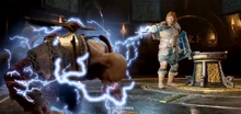 Modi using his lightning bolt to electrocute Kratos