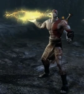 Kratos utilizando la Furia de Zeus para hacer caer la  de las manos de .