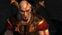 Primer plano de Kratos con el traje.