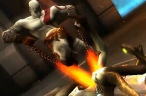 Kratos attempting to decapitate a gorgon.