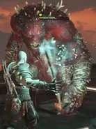Kratos facing the most powerful type of standard Ogre in the Muspelheim trials.
