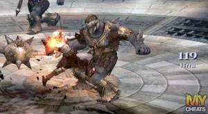 Kratos about to take down a Fates Juggernaut by decapitation.