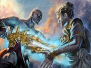 Ilustración de Kratos atravesando a Atenea con la Espada del Olimpo al final de God of War II.