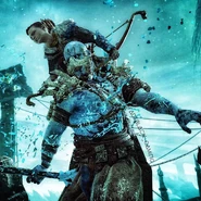 An armored Hel-Viken being strangled by Atreus.