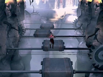 Kratos atravesando las plataformas y las sierras.