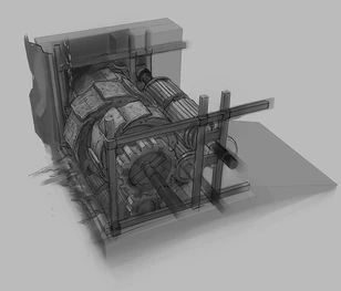 Diseño conceptual de la amoladora de la Isla de Creta que Kratos destruye lanzando perros rabiosos.