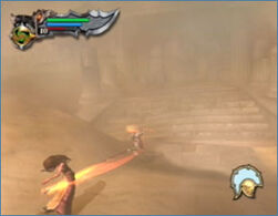 Kratos fighting a Siren outside the ruins.