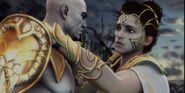 Kratos sosteniendo a Atenea moribunda.