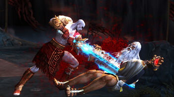 Kratos empalando a Zeus con la Espada del Olimpo